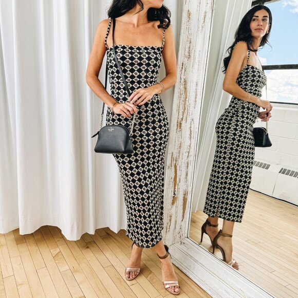 NWT NANUSHKA ALEXA DIAMOND CHECK BLACK RECYCLED MESH JERSEY CINCHED DRESS - XXS - Picture 1 of 12